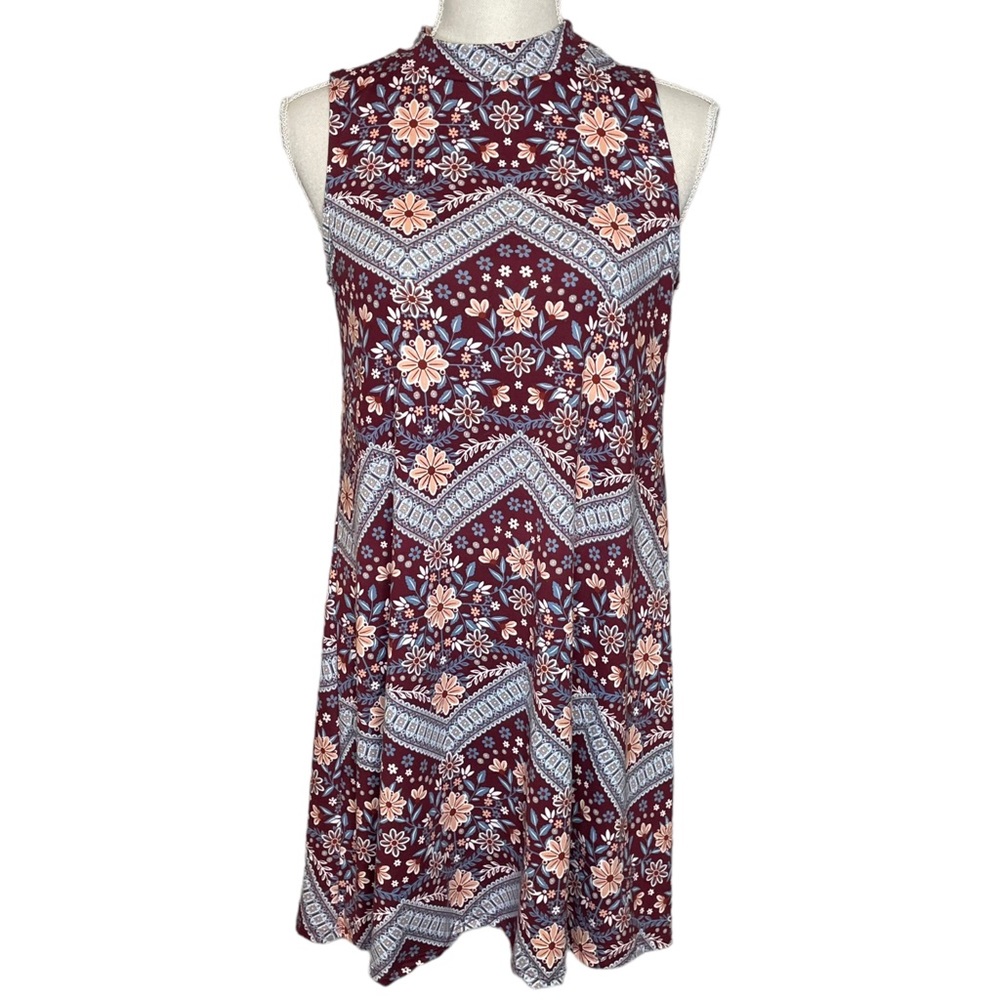 Pink Rose Floral Mini Dress - Burgundy and White